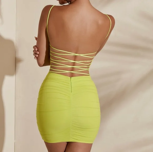 Oh Polly Ruched Backless Mini Dress in Lime - Picture 8 of 9